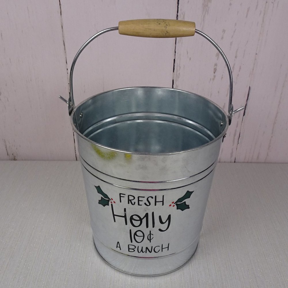 Christmas Galvanized Metal Pail "Fresh Holly" Holiday Decor Rustic Farmhouse